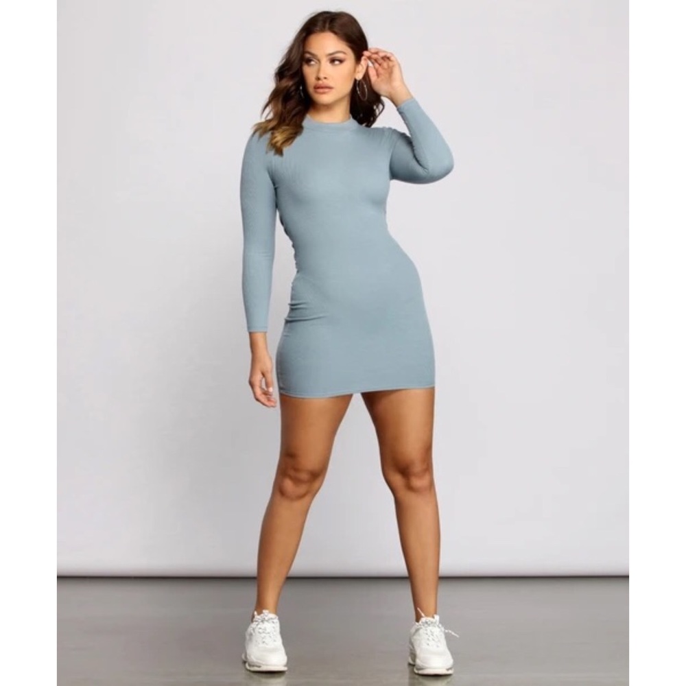 Medium Blue Twist Knot Open Back Ribbed Mini Dress